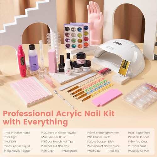 Nail Kit for Beginners with Everything: Practice Nail Hand U V Lamp Acrylic Nail Liquid Set with Drill Starter Nail Set Gifts for Beginners Home Salon