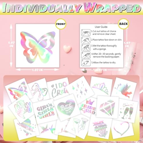 winthrop 120 Pcs Cheers Bachelorette Temporary Tattoos, Metallic Foil Bronzing Style, Individually Wrapped Waterproof Safety Tattoos, Best Choice for Bachelorette Party Bridesmaid Favor, 60 Designs