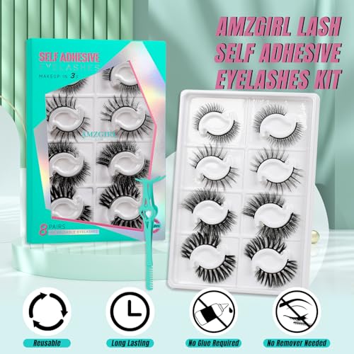 Self Adhesive Eyelashes No Glue Needed, Lash Clusters 8 Pairs Reusable Adhesive Eyelashes,Waterproof Wispy Lashes with Tweezer for Lash Extension at Home by AMZGlRL(4styles-07 D-mix 8-17mm)