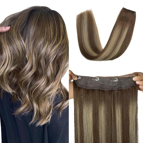 XDhair Wire Hair Extensions 14 Inch 70g Balayage Color Chocolate Brown to Caramel Blonde Invisible Wire Hair Extensions Real Human Hair Hairpiece(#4/27/4-14inch)