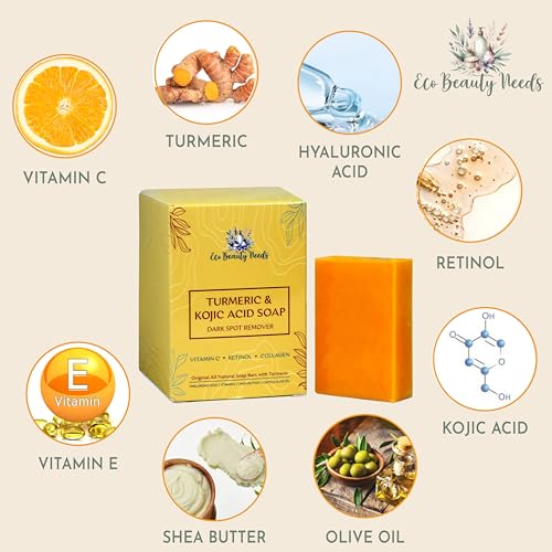 Original Kojic Acid Dark Spot Remover Soap Bars with Vitamin C, Retinol, Collagen, Turmeric Infused with Hyaluronic Acid, Vitamin E, Shea Butter, Olive Oil- 1 Bar