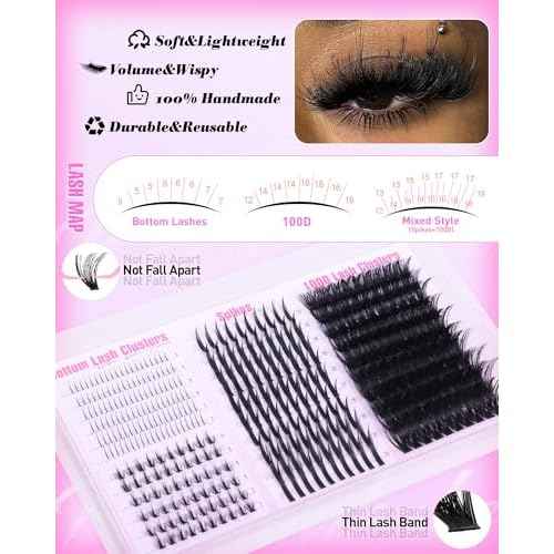 Lash Clusters Kit with Spikes Wispy Lash Extension Kit with Bottom Lashes 100D Eyelash Clusters 380PCS Volume Eyelash Extension Kit Spiky Lashes Clusters Kit with 2-IN-1 Lash Glue, Tweezers