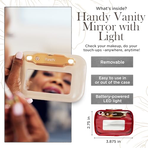 OFT 2024 LITTMINI Lighted Mirror Case - Small Makeup Bag with Detachable Mirror & Multiple Pouches for Organization - Vegan Leather, Mini Makeup Bag Ideal for Travel & Everyday Essentials (Red)