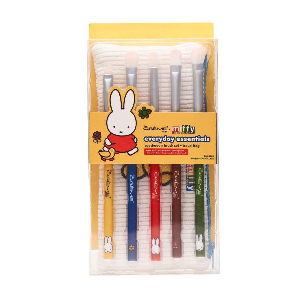The Crème Shop Miffy Everyday Essentials Eyeshadow Brush Set and Travel Bag, Cute Miffy Pouch, 5 Eye Makeup Brushes, Korean Beauty, Blending Brush, Shading Brush, Precise Brush, Angled Shading