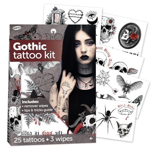Savvi 25 Gothic Temporary Tattoos with Remover Wipes