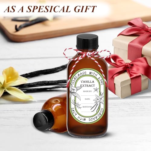 12 Pack 2 oz Vanilla Extract Bottles with Black Poly Cone Caps and 12 Pcs Vanilla Extract Stickers, 60ml Boston Round Sample Bottles for Homemade Vanilla Extract, Essential Oils, Herbal Medicine (2oz)