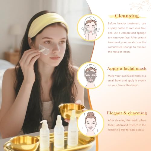 31 Pcs Esthetician Supplies for Facials,4 Gold Esthetician Bowls 4 Fan Brushes Esthetician Large Gold Serving Bowls 12 Compressed Facial Sponge 4 Spa Headbands 4 Flat Brushes for Women Face Cleansing