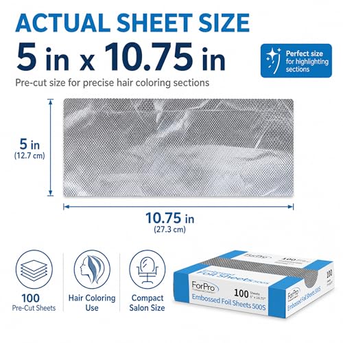 ForPro Professional Embossed Pop-Up Hair Foil Sheets, 5 x 10.75 in, 100 Count, Pre-Cut Aluminum Foils