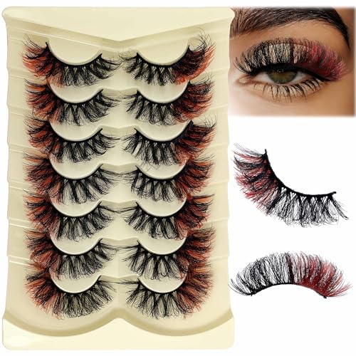 Colored Lashes Mink Fluffy CD Curl Red Eyelashes Strips Halloween 3D Faux Mink Dramatic 20MM Long Colorful False Eyelashes Wispy Lash 7 Pairs Pack YH-C01