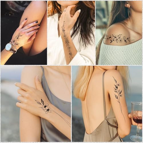 Leesgel Temporary Tattoos Women, 12 Sheets Vine Flowers