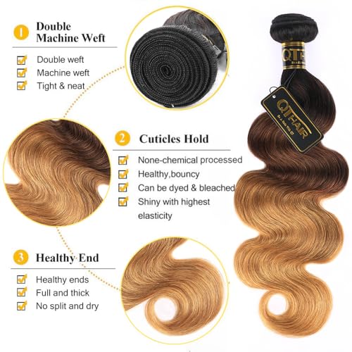 QTHAIR 16A Grade Ombre Body Wave Human Hair Bundles #1b/4/27 Color 24" 100g 100% Brazilian Body Wave Bundles Human Hair Extensions for Black Women