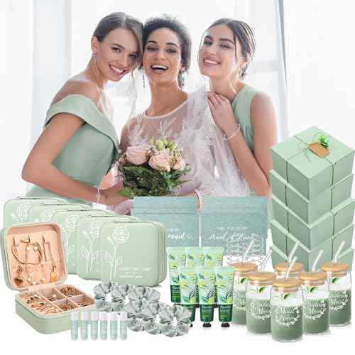 Teenyyou 60 Pcs Bridesmaid Proposal Gifts Bridesmaid Box Set Maid of Honor Gifts Wedding Bridal Shower Include Jewelry Box Glass Cup Scrunchies Hair Knotted Bracelets Hand Cream Lip Balm Cards(Green)