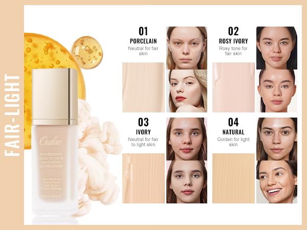 Oulac Foundation Make Up, Skincare Infused With Aloe Leaf And Vitamin E, Medium to High Coverage Liquid Foundation, Foundation Vegan 30ml, Shade：Porcelain 01