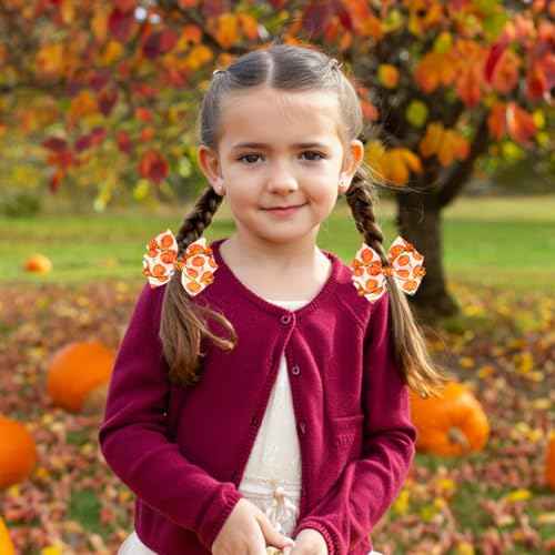 Thanksgiving Hair Bows for Girls, IKOLA Orange Pumpkin Hair Clips Handmade Grosgrain Ribbon Hair Bow Clips, Non Slip Metal Alligator Hair Barrettes Hairpins | Glitter Hair Accessories for Fall Autumn
