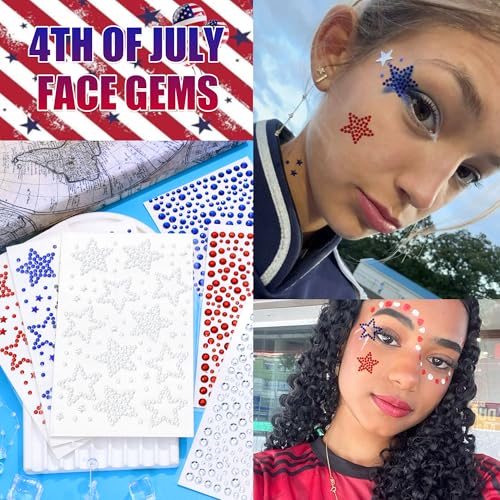 4th of July Star Face Gems - 6 Sheets Self-Adhesive Rhinestones
