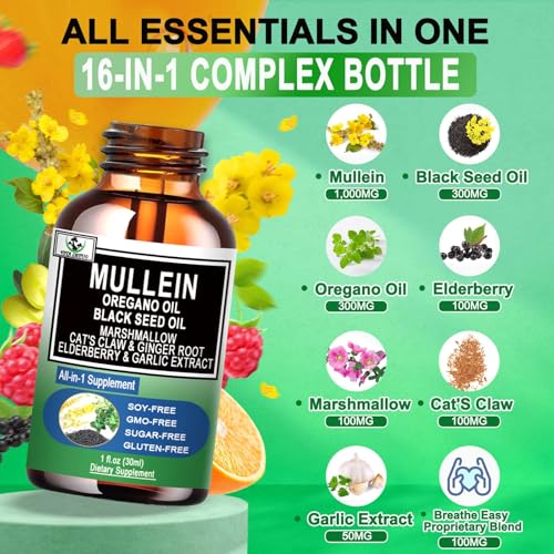 Organic Mullein Drops with Oregano & Black Seed Oil - 16-in-1 Respiratory Support
