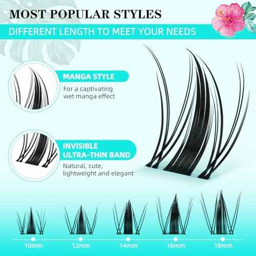 Lash Clusters Kit 168pcs Manga Lash Extension Kit Anime Cluster Lashes Natural Look with Waterproof Lash Bond and Seal Lashes Wet Look Ultra-Thin Invisible Lash Band(Autumn Leaves-Kit,D-10-18mm)