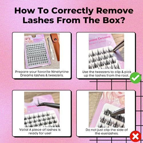 Ninetynine Dreams 100PCs Easy Three Steps Lashes Anime DIY Natural Lash Clusters 11-13mm C+ Curl Beginner Friendly Lightweight & Reusable Individual Waterproof Eyelashes Thin Comfortable Band
