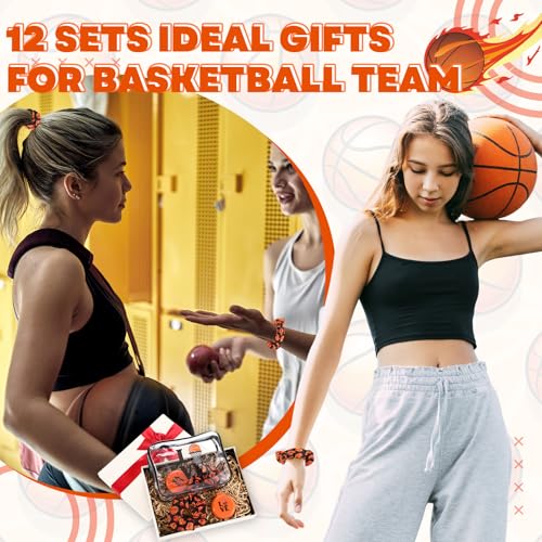 Yungyan 36 Pcs Basketball Gifts 12 Basketball Makeup Bag for Women Party Favors Team Gifts with 12 Sport Hair Scrunchies 12 Round Portable Folding Brush