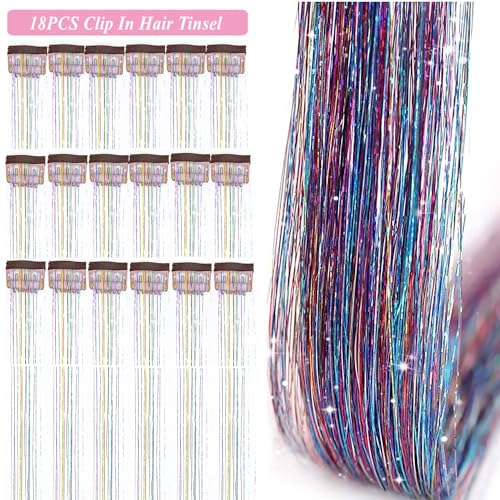Colorful Fairy Hair Tinsel Kit - 18 Clip-In Sparkling Extensions, 19.6 inch