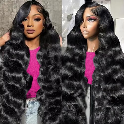 RAYFOG 13x6 Body Wave Human Hair Lace Front Wig 30 Inch Natural Black 180% Density