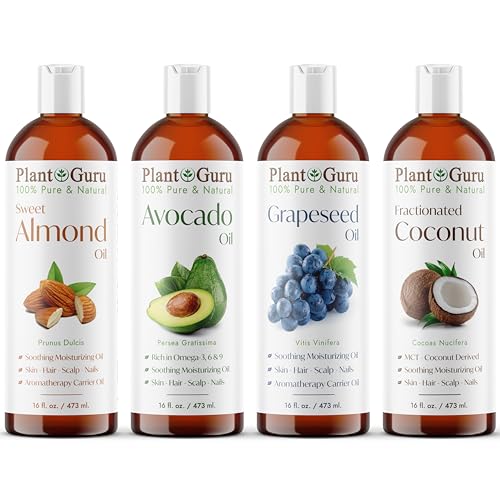 Carrier Oil Variety Set 16 oz Cold Pressed 100% Pure Natural Almond, Avocado, Coconut Fractionated, Grapeseed. For Aromatherapy Essential Oils, Skin & Hair Growth Moisturizer. Perfect for Body Massage