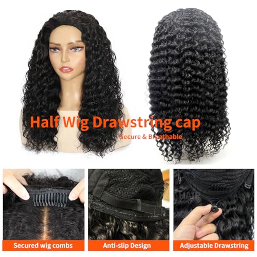 Deep Wave Human Hair Half Wig 20 Inch Natural Black 1B# Glueless, Wear & Go Style