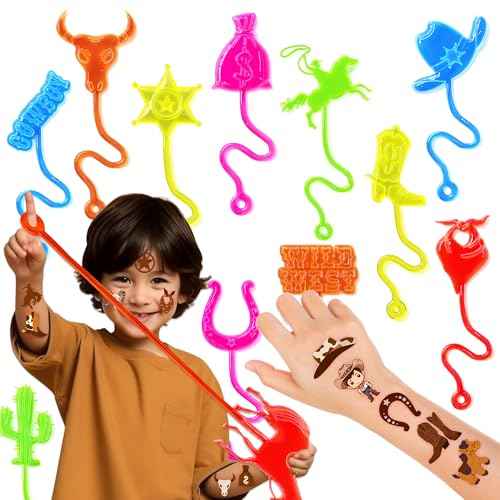 48PCS Cowboy Party Favors - 24PCS Cowboy Temporary Tattoos & 24PCS Cowboy Stick Hands - Perfect Birthday Favors, Goodie Bag Stuffers, Treasure Box Toys, Classroom Prizes, and Student Gifts