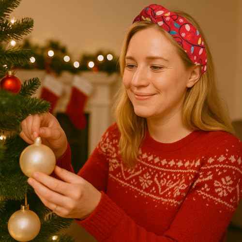 3Pcs Christmas Headbands for Women ? Red & Green HOHO & Light String Knotted Hair Hoops, Winter Holiday Accessory