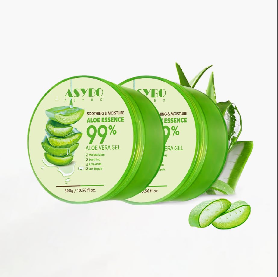 ASYBO 300x2 ML Natural Aloe Vera Gel -Organic Moisturizing Aloe Vera, Soothing and Hydrating, Sunburn and Scar Repair, After Sun Care for Face Body Hair