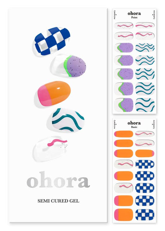 ohora Semi Cured Gel Nail Strips (N Snatched) - Blue, Patterned, Works with Any UV/LED Nail Lamps, Salon-Quality, Long Lasting, Easy to Apply & Remove - Includes 2 Prep Pads, Nail File & Wooden Stick