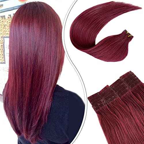 Real Hair Extensions Tape in Human Hair Extensions Burgundy Colored Hair Extensions Tape ins 20 Pieces Seamless Invisible Hair Extensions 22 inch Double Sided Tape in Remy Hair 60g for Women