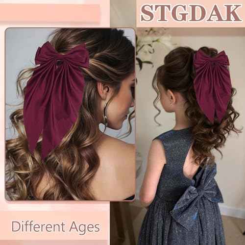 Hair Bows Vintage Bow Clips Dark Red Ribbon Bows Barrettes Large Bowknot Clip Satin Bowknot French Barrette Long Tail Cute Bow Hair Accessories For Girls Women
