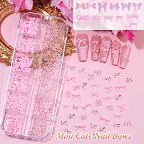 5 Boxes 3D Nail Charms Set,24Pcs Y2k Alloy Nail Art Rhinestone Charms 3D Bow Flower Crown Heart Star with Tweezers and Dual-end Brush for Manicure Salon DIY Crafts,Face Makeup Gems Jewels (Pink)