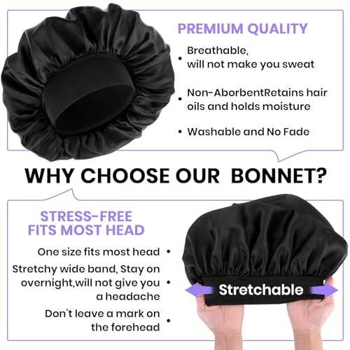 Silk Bonnet for Men and Women - Satin Sleep Cap with Elastic Band, Black Variation