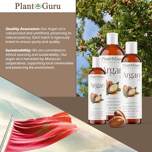 Plant Guru Argan Oil 32 fl. oz. Morocco Virgin, Cold Pressed 100 Pure Natural - Stimulates Hair Growth, Skin, Face And Body Moisturizer.