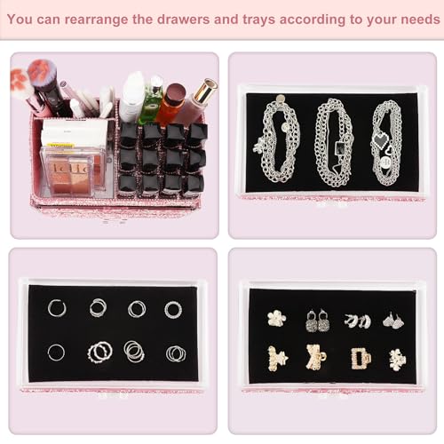 KEYPOWER Makeup Organizers Drawer Bling Diamond,Fashion Countertop Jewelry Cosmetic Storage Display Boxes,Makeup Brush Holder, Cosmetic Holder,2 Pieces Set(Purely Handmade)(Pink)