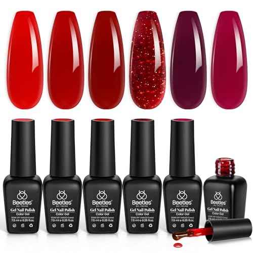 Beetles Red Jelly Gel Nail Polish Set - Luminous Ruby Jelly Gel Polish, 6 Colors Christmas Burgundy Gel Nail Kit Sheer Red Neutral Translucent Effect Soak off UV DIY Salon Manicure Gift for Women