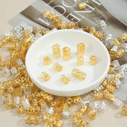 220 Pcs Gold Hair Jewelry for Braids, 12 Styles Gold and Silver Hair Accessories Cuff for Braids and Dreadlocks, Adjustable Metal Rings Cuffs Clips for Dreadlock Accessory Jewelry Decorations