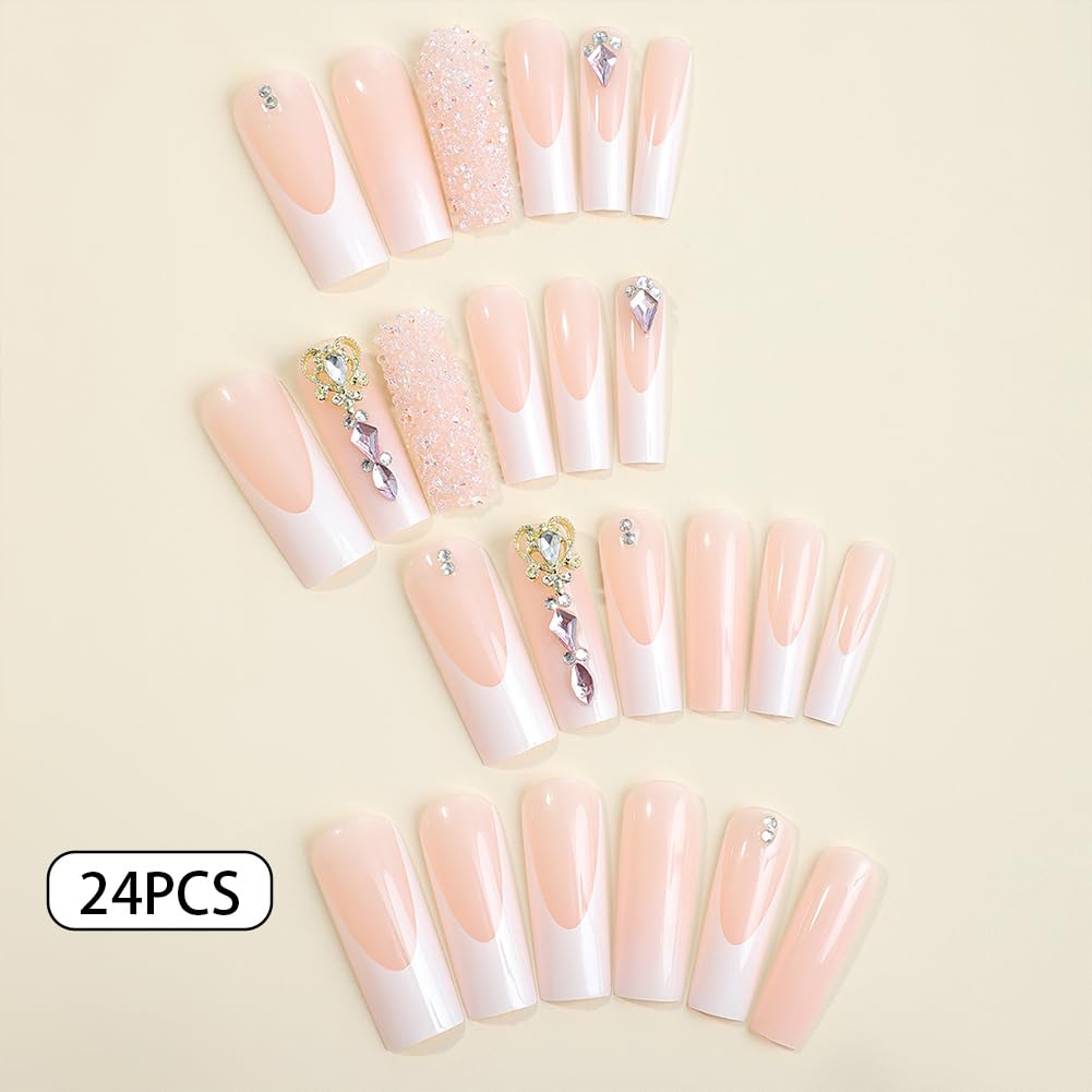 Long Press on Nails White French Tip Long Fake Nails Coffin Press on Nails Square False Nails with Glitter Diamond Charm Design Acrylic Nails Press on Artificial Nails Stick on Nails For Women-24Pcs