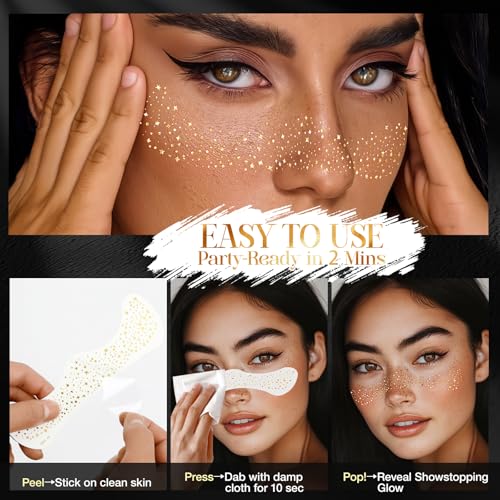 Glitter Freckles, 24 PCS Gold Face Glitter Makeup Accessories, Face Glitter Tattoos Makeup Patches for Women, Fake Freckles for Festival Rave