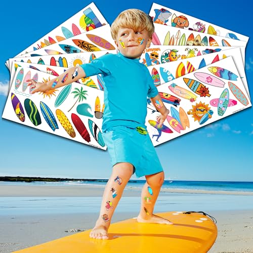 110 PCS Summer Surfing Surf Surfboard Temporary Tattoos Sticker Ocean Surfer Beach California Hawaiian Themed Birthday Party Decorations Favors Supplies Gifts Girls Boys Cute Tattoo School Reward