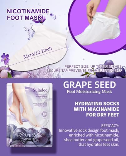 SULADEC Moisturizing Foot Mask - Grape Seed Oil & Shea Butter (7 Pairs)