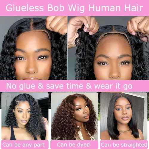Curly Bob Wig Human Hair Water Wave 4x4 Lace Closure Glueless Wear and Go Bob Curly Wigs Pre Plucked Pre Cut Short Bob Wig Curly Human Hair Natural Hairline for Beginner Friendly 12 Inch