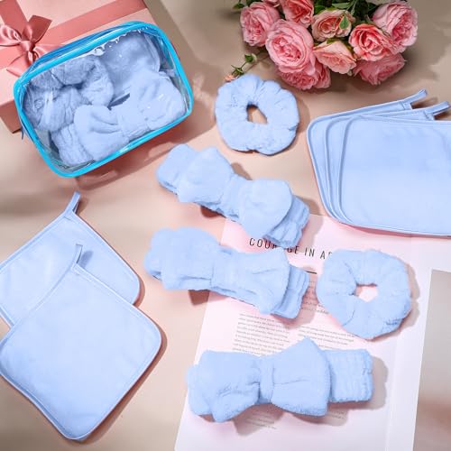 Mimorou 24 Pieces Sleepover Party Supplies Spa Party Favors 6 Spa Headband 6 Velvet Scrunchies 6 Makeup Remover Cloth 6 Clear Cosmetic Bags for Slumber Valentine Galentine Gift(Blue)