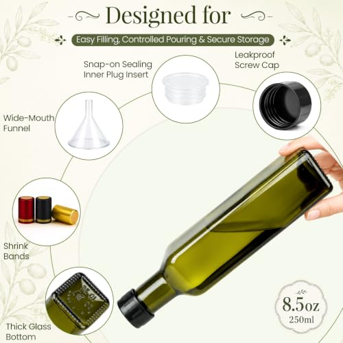 TBWIND Olive Green 8.5oz Glass Olive Oil Bottles – 15 Pack with Airtight Caps & Labels