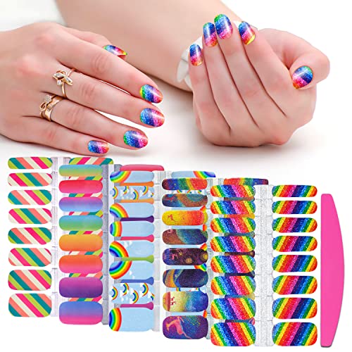 SILPECWEE 5 Sheets Rainbow Nail Wraps for Women Nail Polish Strips Self Adhesive Nail Polish Stickers Gel Nail Strips Stick on Nails for Manicure Design with 1pc Nail File