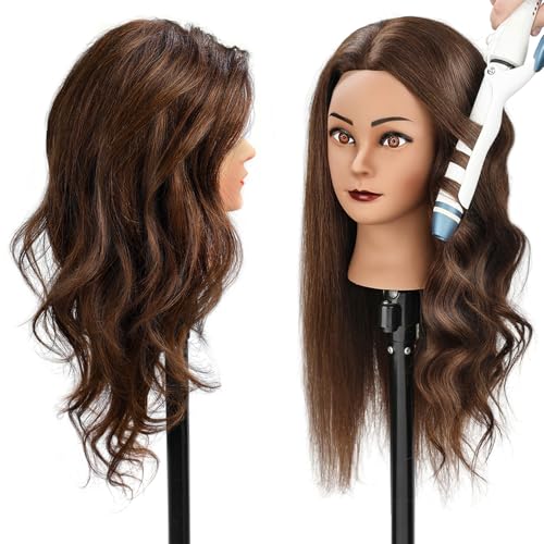 POLRISLY Dark Brown Human Hair Mannequin Head for Hairdressing 20-22 inches