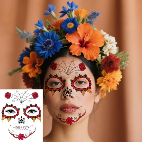 Halloween Temporary Face Tattoos Makeup Kit, Day of the Dead Sugar Skull Floral Black Skeleton Web Red Roses Full Face Mask Stickers Tattoo Families Party Supplies