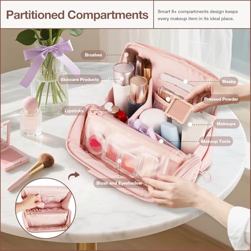 Abiudeng Standing Makeup Bag Stand up Make up Bag Travel Toiletry Bag with Multiple Compartments Large Capacity for Women Business Trips Fitness and Daily Commutes (Pink)